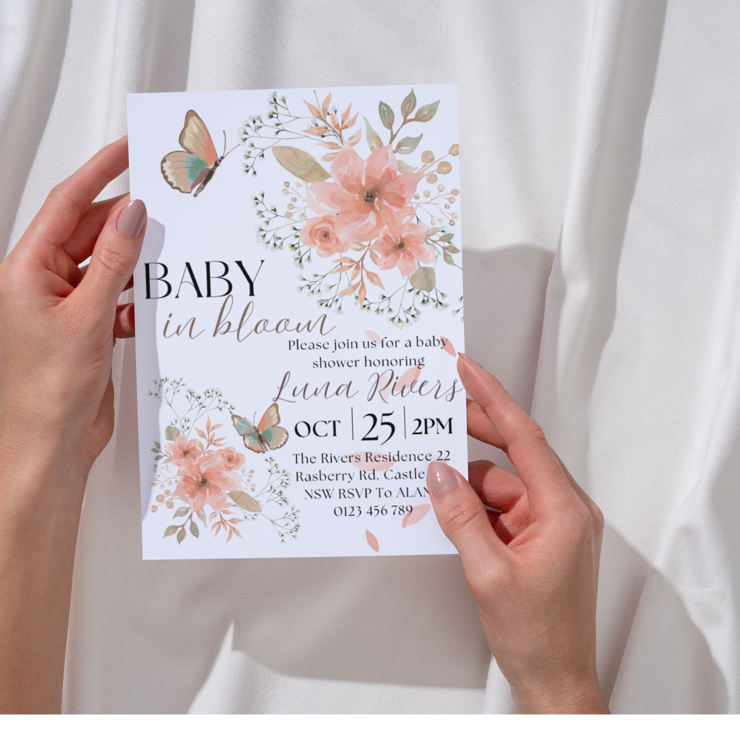 Baby in Bloom Editable Invitation – Wildflower Baby Shower for Girl, Purple Butterfly Printable Invite