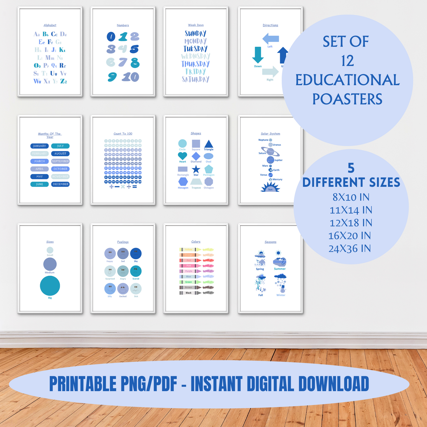 Blue Educational Posters, 12 Homeschool Prints, Montessori Classroom Decor, Toddler Playroom, Sky Kids Nursery, Blue Playroom Wall Art Print, 100% PLR Rights