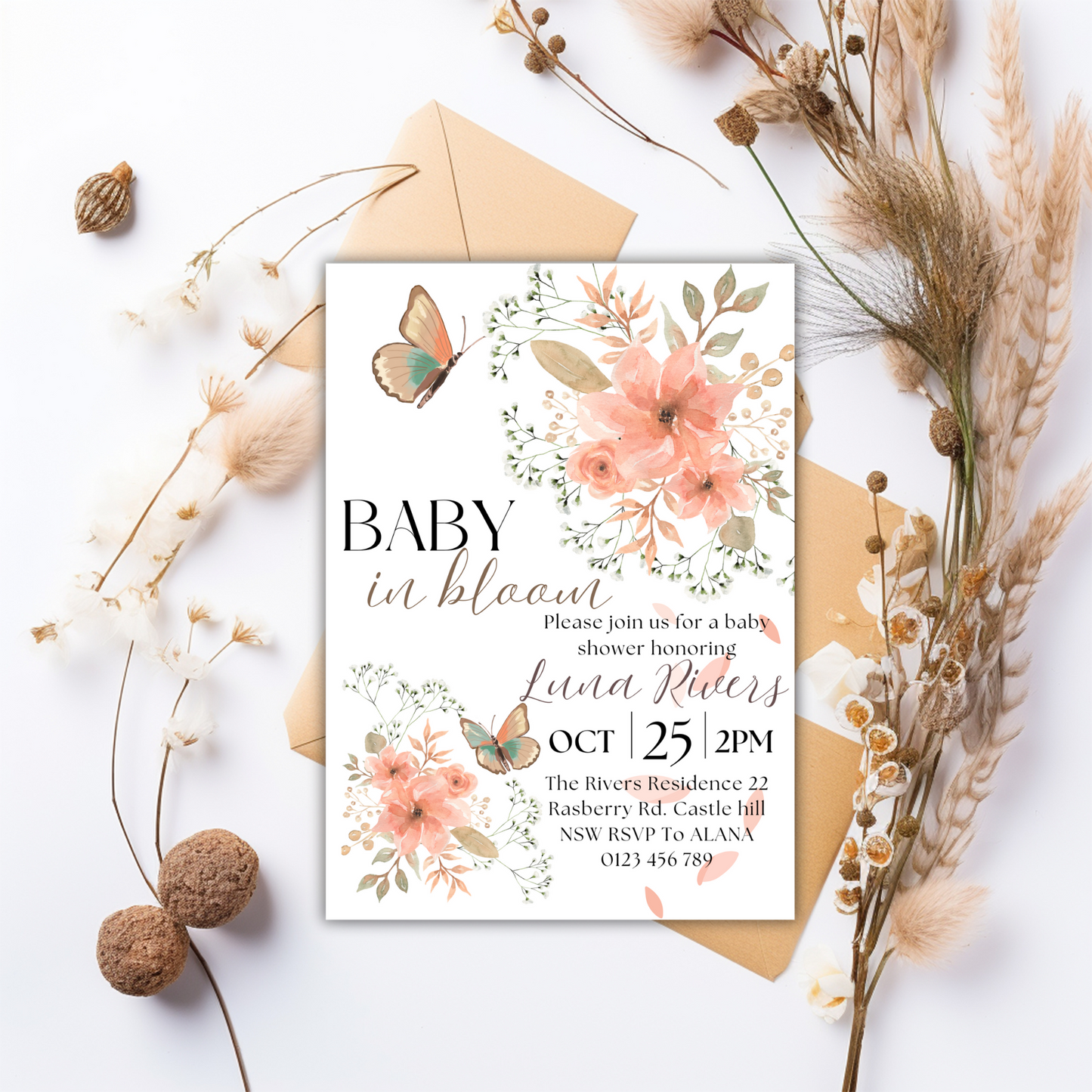 Baby in Bloom Editable Invitation – Wildflower Baby Shower for Girl, Purple Butterfly Printable Invite