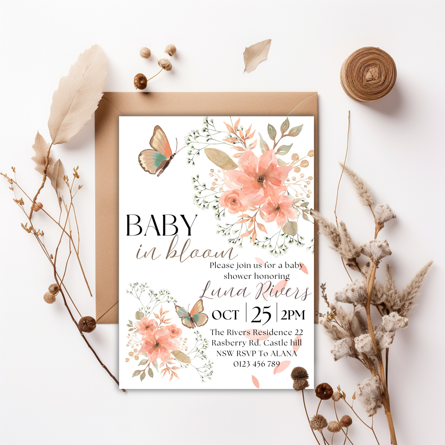 Baby in Bloom Editable Invitation – Wildflower Baby Shower for Girl, Purple Butterfly Printable Invite