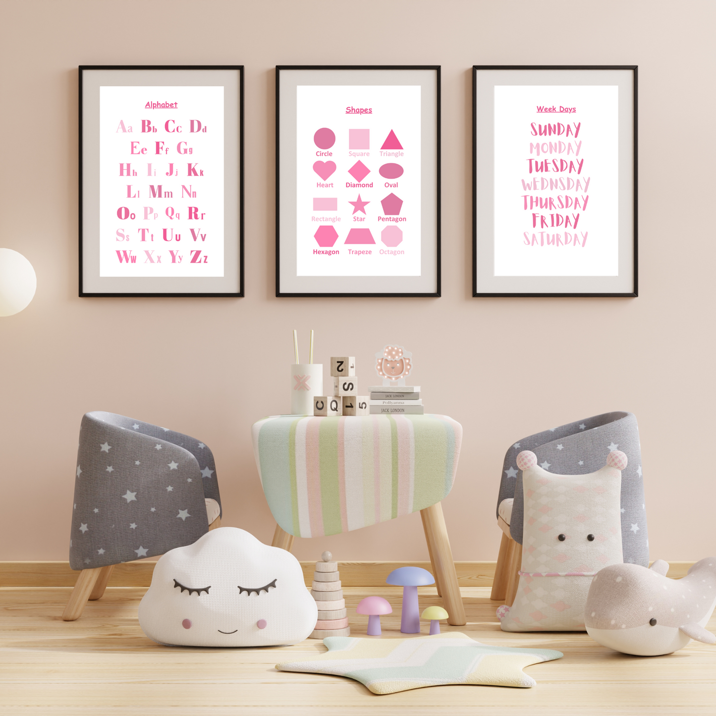 Set of 12 Educational Pink Wall Art| Classroom Posters| Homeschool Printables| Educational Poster| Alphabet Poster| Kid Wall Art| Playroom