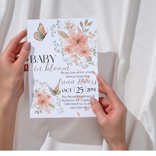 Baby in Bloom Editable Invitation – Wildflower Baby Shower for Girl, Purple Butterfly Printable Invite
