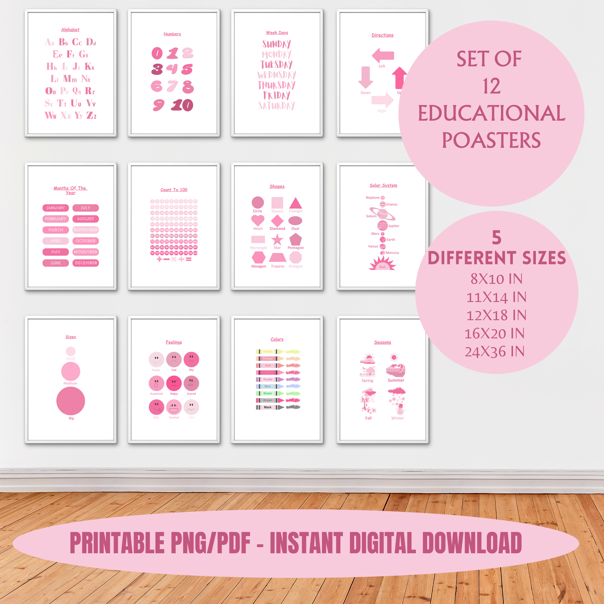 Set of 12 Educational Pink Wall Art| Classroom Posters| Homeschool Printables| Educational Poster| Alphabet Poster| Kid Wall Art| Playroom, 100% PLR Rights