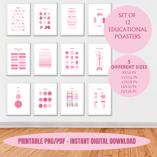 Set of 12 Educational Pink Wall Art| Classroom Posters| Homeschool Printables| Educational Poster| Alphabet Poster| Kid Wall Art| Playroom, 100% PLR Rights