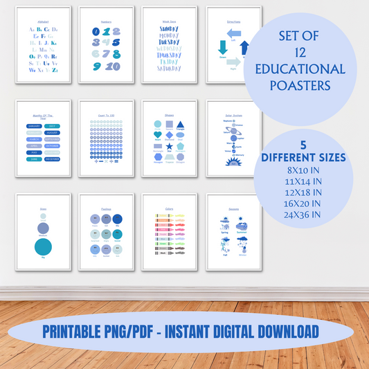 Blue Educational Posters, 12 Homeschool Prints, Montessori Classroom Decor, Toddler Playroom, Sky Kids Nursery, Blue Playroom Wall Art Print, 100% PLR Rights