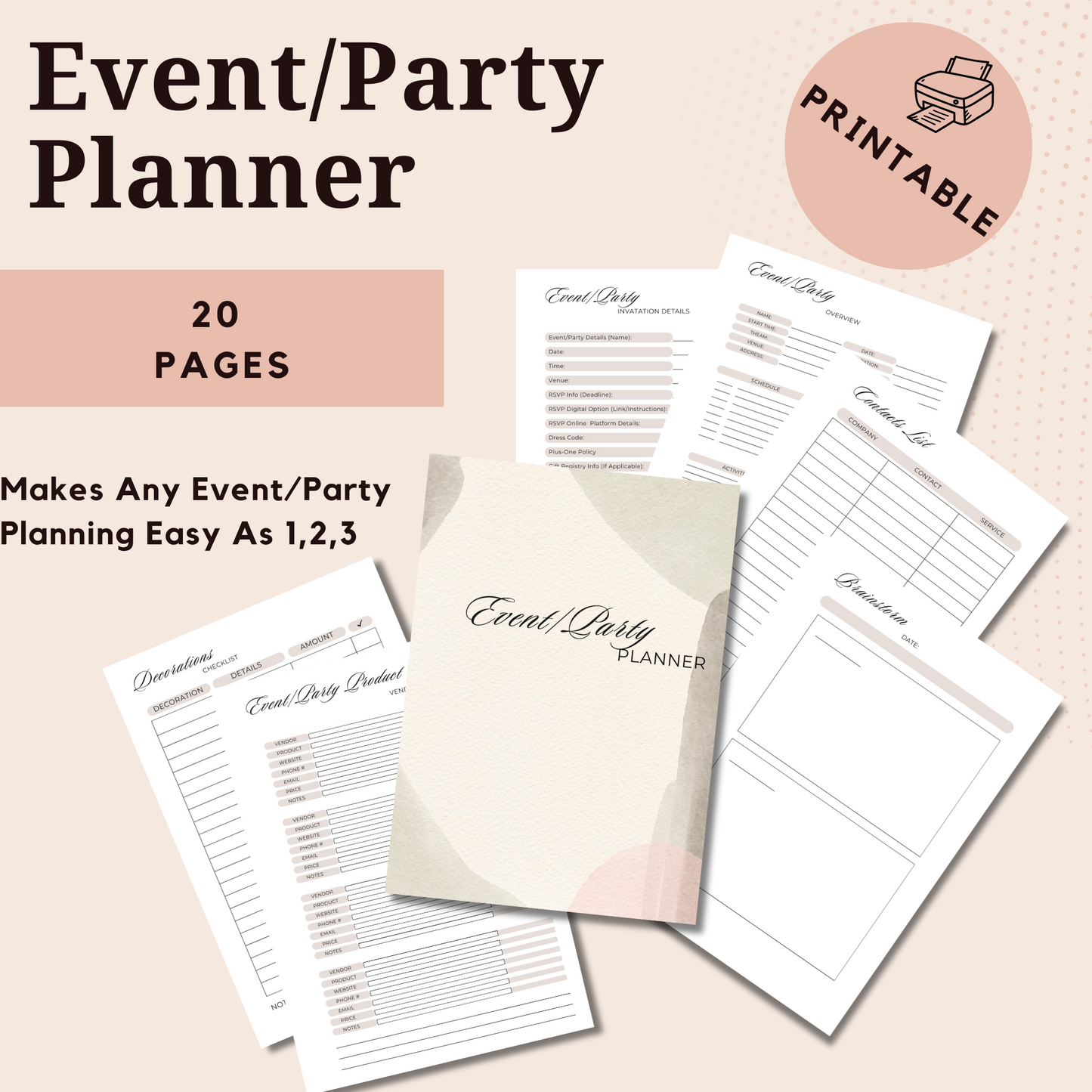 Printable Event Planner Template, Party Planner, Birthday, Wedding, Bridal, Budget, Invites, Event Plan Set, Party Organizer, Letter,  A4, 100% PLR Rights
