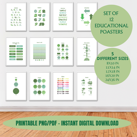 Set of 12 Educational Green Wall Art| Classroom Posters| Homeschool Printables| Educational Poster| Alphabet Poster| Kid Wall Art| Playroom, 100% PLR Rights