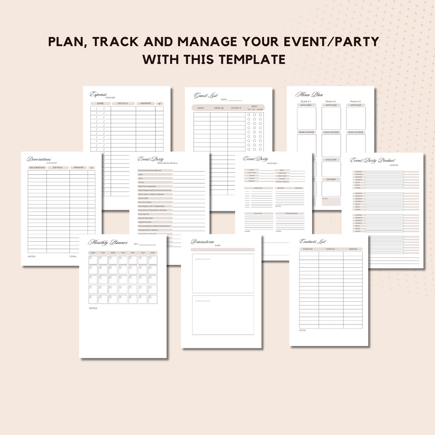 Printable Event Planner Template, Party Planner, Birthday, Wedding, Bridal, Budget, Invites, Event Plan Set, Party Organizer, Letter,  A4