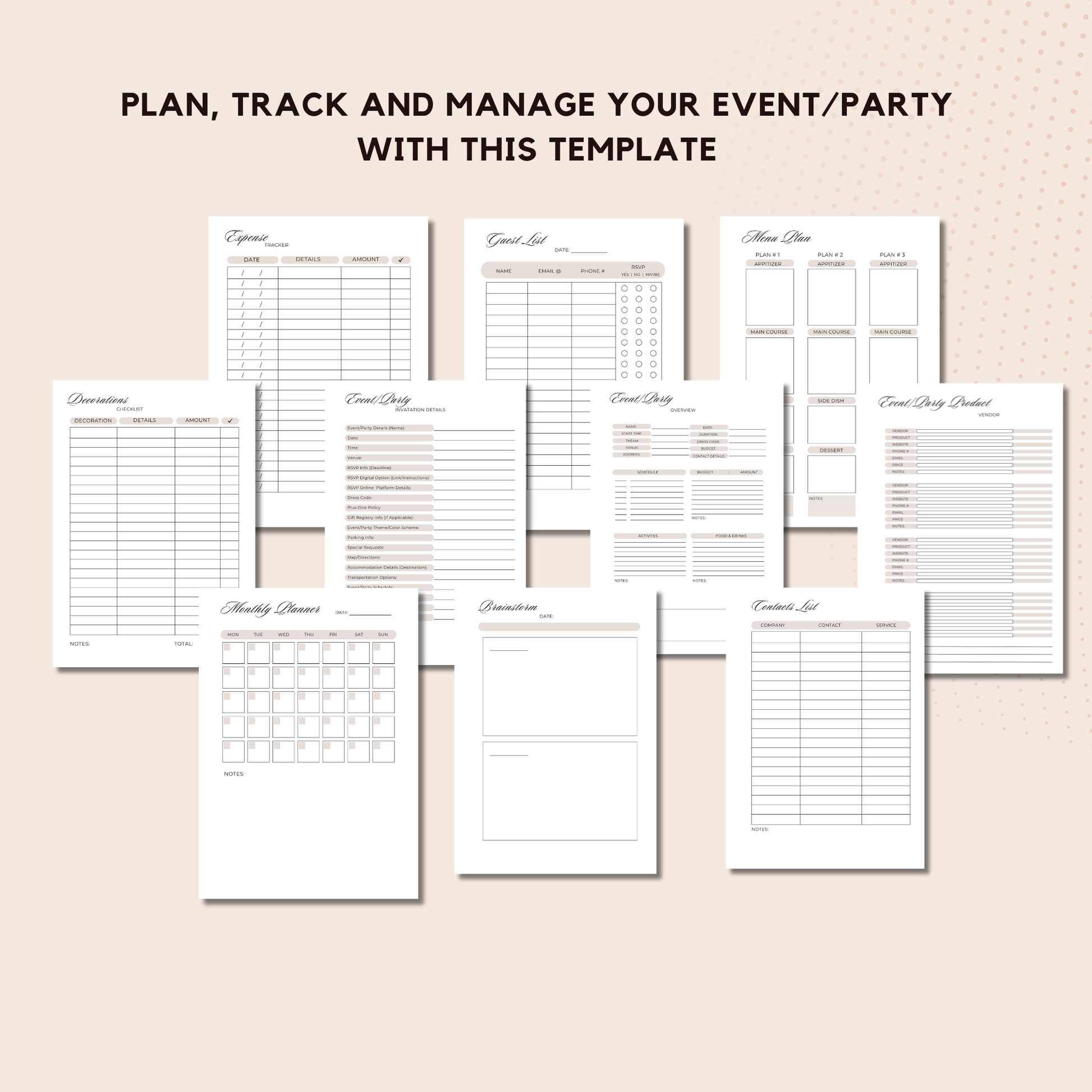 Printable Event Planner Template, Party Planner, Birthday, Wedding, Bridal, Budget, Invites, Event Plan Set, Party Organizer, Letter,  A4