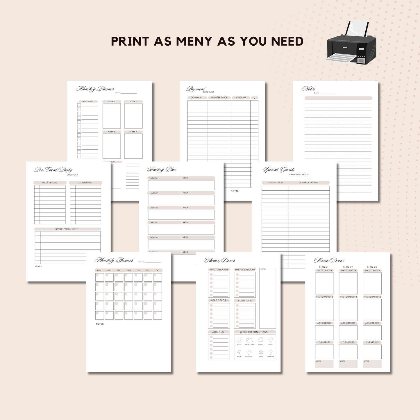 Printable Event Planner Template, Party Planner, Birthday, Wedding, Bridal, Budget, Invites, Event Plan Set, Party Organizer, Letter,  A4